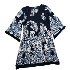 Studio One NewYork M Dress Trumpet 3/4 Sleeve Blue Paisley Textured Knee Length